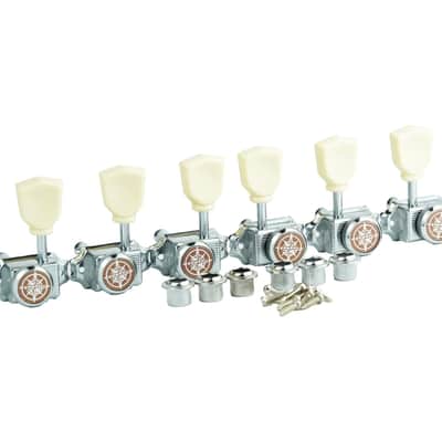 Guyker 3x3 Vintage Style Locking Guitar Machine Heads – 1:15 Ratio Lock String Chrome Deluxe Tuning Key Pegs Tuners Set Replacement for Electric, Acoustic or Folk Guitars - GK44sp, White Button image 3