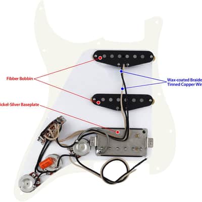 3Ply Loaded HSS Strat Pickguard Vintage Hot F '50s Tones Prewired Pickguard with Staggered Alnico 5 Fiber Bobbin SSH Pickups for Fender Stratocaster Strat ST JT/HBZC-03 Vintage Hot White image 5