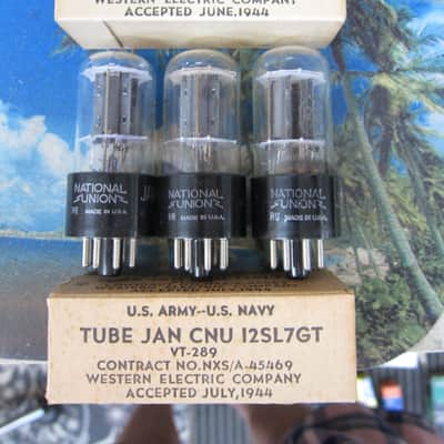 3 NOS JAN CNU 12SL7GT, VT-289 Western Electric, National Union Vintage Tubes, Black Plates, D Getters, 1944, Boxes, NEW 1944 image 2