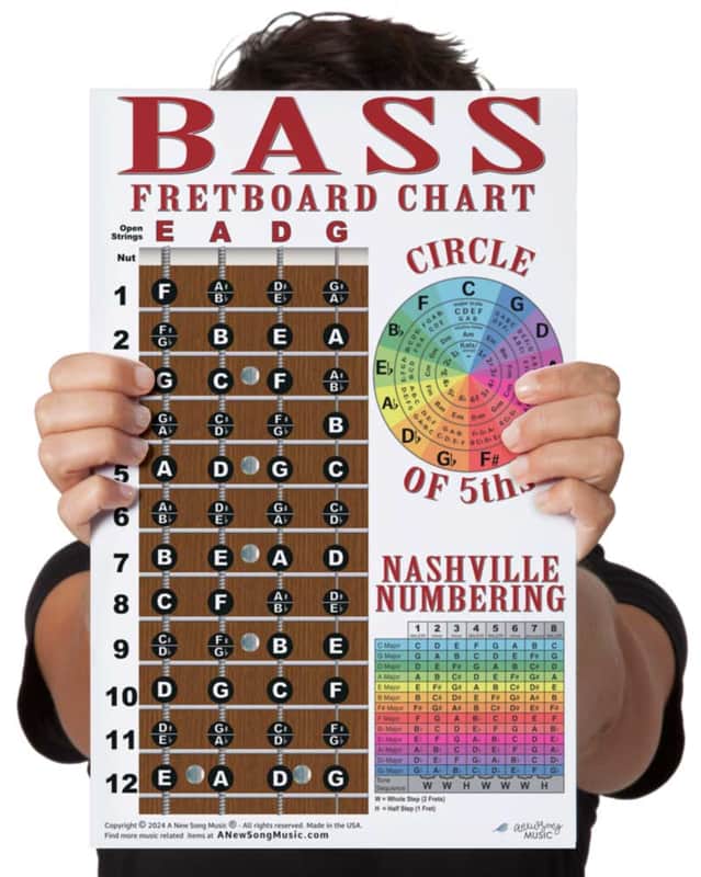 Laminated 4 String Bass Fretboard Chart Poster Nashville Numbering Theory 11x17 Beginner Easy image 1