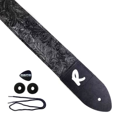 Black Vegan Leather Guitar Strap - Black Tooled Faux Leather Guitar Strap - Genuine Leather Ends -Fits Acoustic, Electric or Bass Guitars image 1