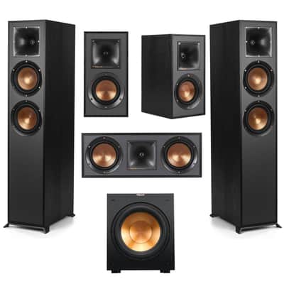 Klipsch Reference 5.1 Home Theater Pack with 2x R-620F Floorstanding Speaker, R-12SW Subwoofer, R-52C Center Channel Speaker and 2x R-41M Bookshelf Speaker, Black image 1