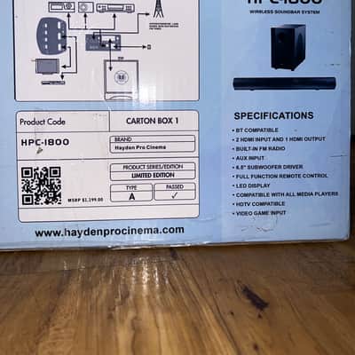 Hayden Pro Cinema Wireless Soundbar System HPC-1800 Blk image 1