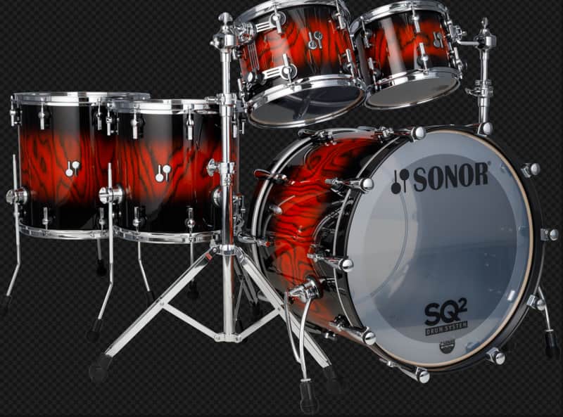 Sonor SQ2 Series Black Burst Lacquer over Fiery Red High Gloss 22_10_12_14_16 | Medium Maple Drums Shell Pack | Made in Germany | Authorized Dealer