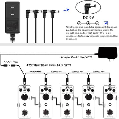 DC 9V Guitar Pedal Power Supply (800mA -1A) AC Wall Charger Adapter with 4 Way Daisy Chain Pedal Cables (8.8 FT), Compatible for Most Effect Pedals (Tip Negative) image 2