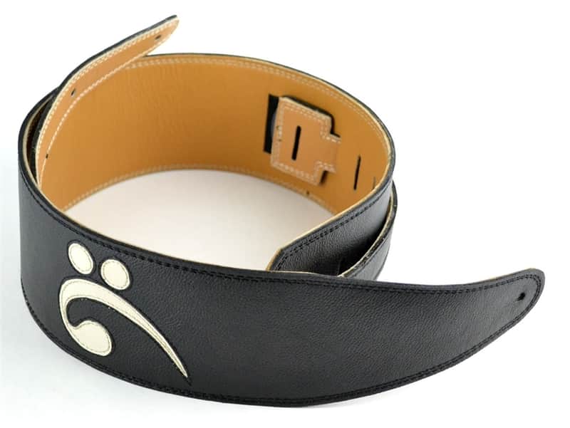 3.5" Black with White Bass Clef Leather Guitar Strap (Wide Model) image 1