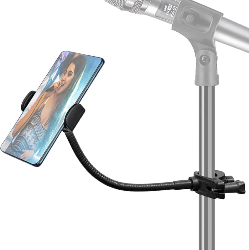 Phone Holder for Mic Stand, Mic Stand Phone Holder [10" Long Flexible Gooseneck Arm] Cell Phone Holder for Microphone Stand, iPhone Music Stand Holder for iPhone, Samsung Galaxy, Any Smartphone image 1