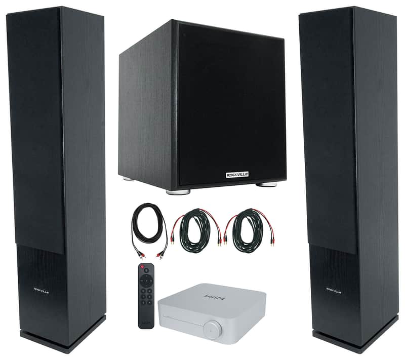 (2) Rockville Rocktower 64B Black Home Tower Speakers+Bluetooth/Wifi Amp+Sub image 1