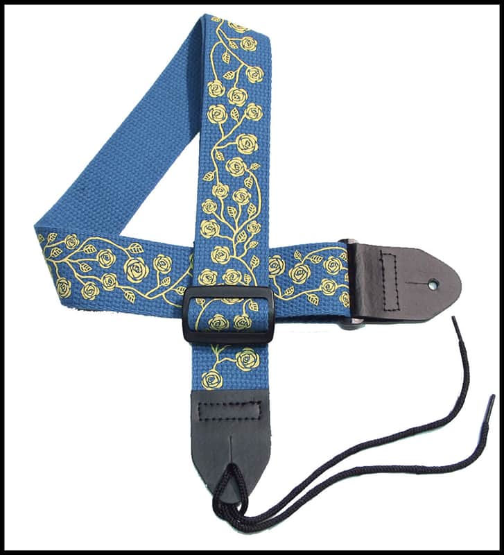 Girls Guitar Strap 2" Cotton Guitar Strap with Yellow Roses on a Cerulean Strap image 1