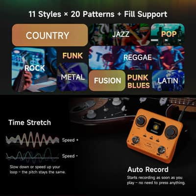 FLAMMA FF20 Looper Pedal Drum Machine, Drum Looper Guitar Pedal with Screen, 300 Min Recording, 220 Drum Grooves, 100 Loop Slots, Time Stretch, Auto Record, USB & Headphone Out, for Guitar and Bass image 4