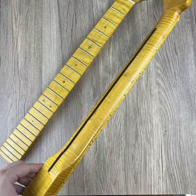 Vintage Yellow Guitar Tele Style Tiger Maple Wood Neck, 22 Frets Fingerboard image 1