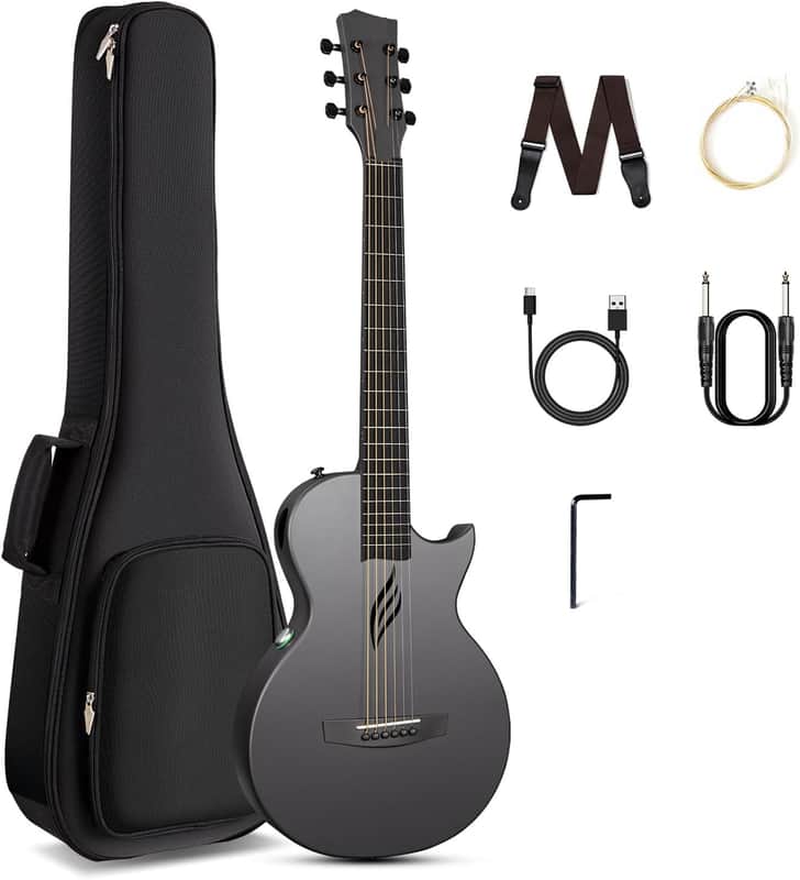 Carbon Fiber Travel Guitar - 35" Acoustic Electric with Smart AcousticPlus Technology, Built-in Effects, USB Recording, Bluetooth Speaker, Beginner Bundle with Gig Bag & Accessories image 1