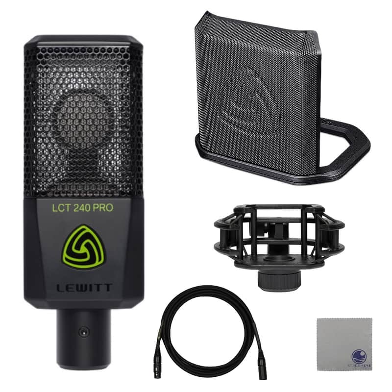 Lewitt LCT-240 Pro Cardioid Condenser Microphone with Lewitt LCT-40-SH Microphone Shock Mount, Lewitt LCT-50-PSX Microphone Pop Filter, Professional Grade XLR Cable and StreamEye Polishing Cloth image 1