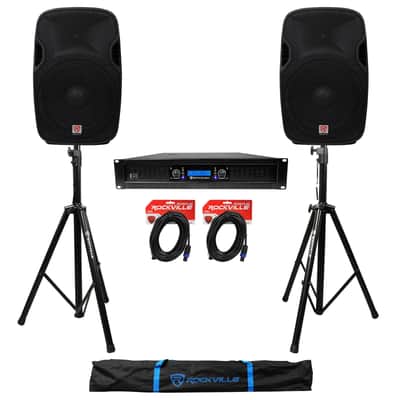 (2) Rockville SPGN154 15" 1600W DJ PA Speakers+Power Amplifier+Stands+Cables image 1