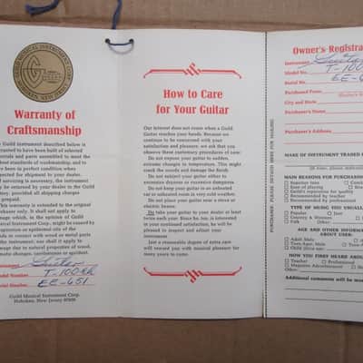 Guild T-100 Warranty & Registration Hang Tag Card. 1960's image 2