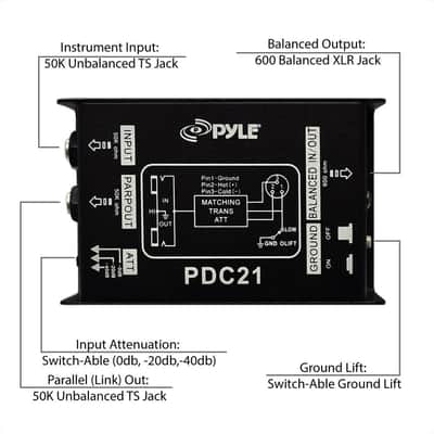Premium Direct Injection Audio Box - 2.36" x 4.09" Passive DI Unit Hum Eliminator w/ Input Attenuator to Connect Guitar & Bass, 1/4'' Impedance Transformer Connector to Balanced & Unbalanced XLR image 4