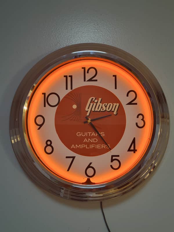 1950's/60's Style Gibson Guitars Neon Orange Wall Clock Killer Cool Man Cave, Bar, Garage Item image 1