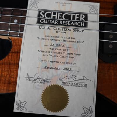 Schecter USA CUSTOM SHOP Michael Anthony Koa Top 4-String Electric Bass Guitar w/ Black Tolex Hard Case image 9