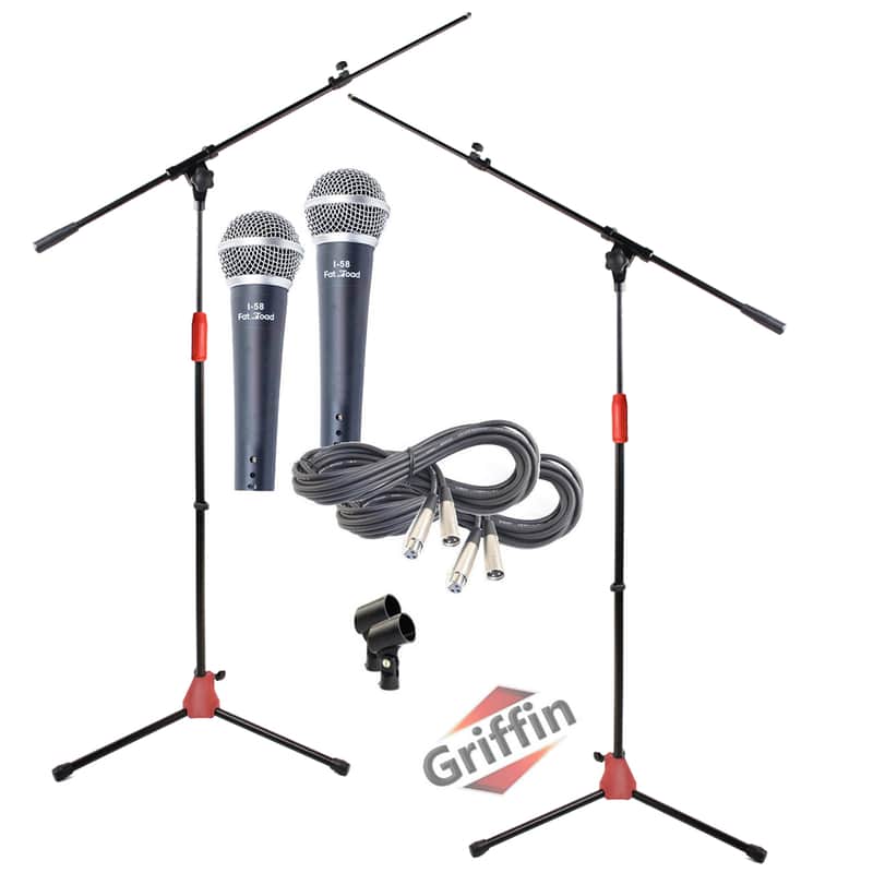 Microphone Boom Stand with XLR Mic Cable, Cardioid Dynamic Microphone & Clip (Pack of 2) by Griffin - Tripod Mount - 20 ft Pro Audio 3-Pin Cord Patch Vocal Unidirectional Microphone image 1