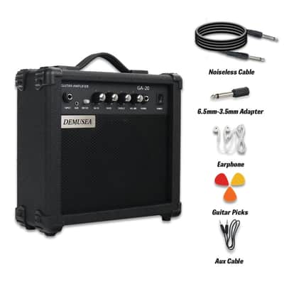 Demusea Electric Guitar Amplifier 20w Guitar Amp Starter Beginner Practice Small Portable Travel Headphone Aux Distortion Gain Treble Bass Volume Noiseless Cable Adapter Pick Aux Cable Earphone (BK) image 5