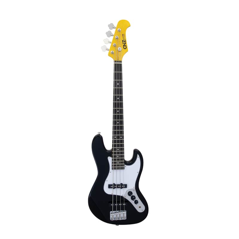 CNZ Audio JB Mini Electric Bass Guitar - Maple Neck, Rosewood Fingerboard, White Pickguard, Black image 1