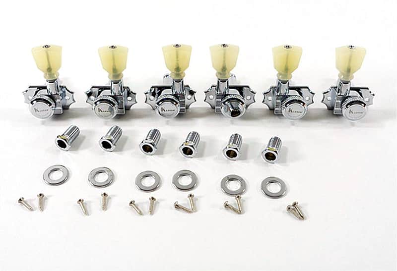 Kluson Revolution Locking Tuners 3x3 Pearloid keystone button - Chrome KRGL-3-CP image 1