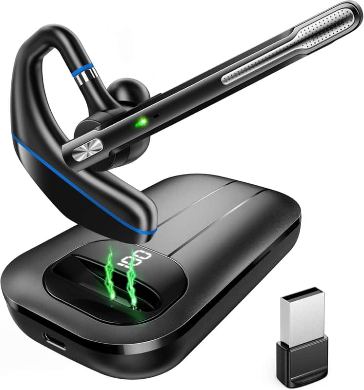 Bluetooth Headset V5.3, Wireless Earpiece with 1000mAh Charging Case, 96H Talktime, Hands Free Noise Canceling Headphones with Dual-Mic for Computer Cell Phones Trucker Home Work (Blue) image 1