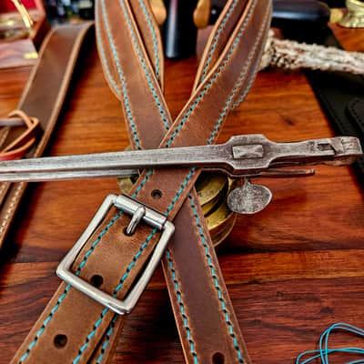 Hand Made, Hand Stitched Guitar strap "Rockatansky" in Taupe & Turquoise- Vegetable Tanned Leather image 16