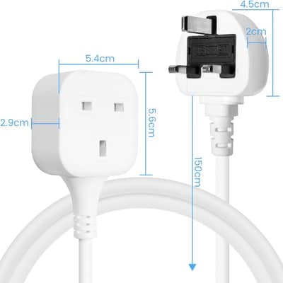Single Plug Extension Lead 1.5m, 1 Gang Single Socket Extension Lead Surge Protected, 13amp 250V 3kw UK 3 Pin Fused Mains Single Extension Lead for Tumble Dryer, Rubber, Tough and Fireproof, White image 2