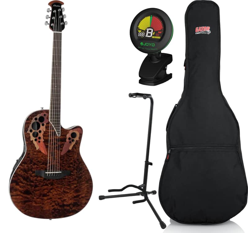 Ovation Celebrity Elite Exotic Super Shallow Acoustic-Electric Guitar, Tiger Eye w/ Gig Bag, Stand, and Tuner image 1