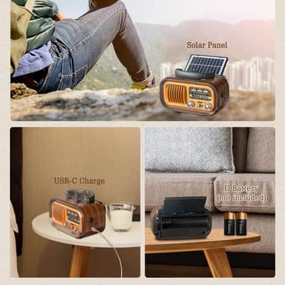 Retro AM/FM/SW Radio Bluetooth 5.0 Speaker Solar Rechargeable USB TF Portable Vintage Radio image 3