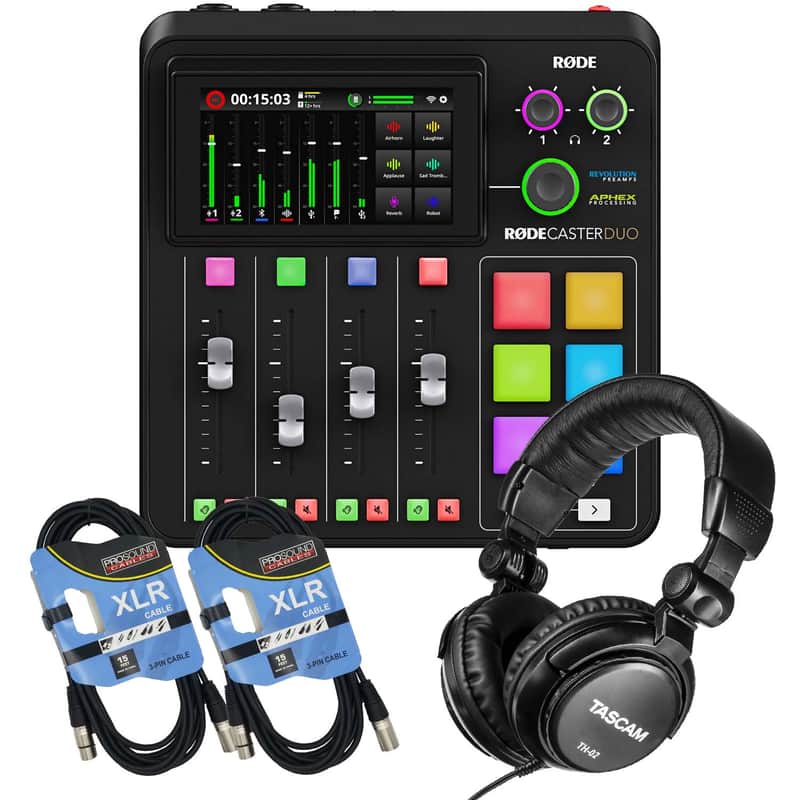 Rode RodeCaster Duo Streaming Mixer, Tascam TH02, (2) XLR Cables Bundle image 1