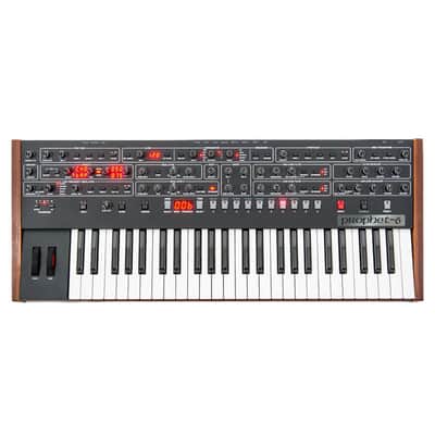 Sequential Prophet-6 Six-Voice Analog Synthesizer with Discrete Voltage-Controlled Oscillators Per Voice and Dual Effects Section
