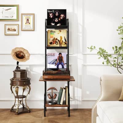 5-Tier Record Player Stand with Vinyl Display Rack – Tall Turntable Shelf Organizer with Countertop & Oxford Storage image 4