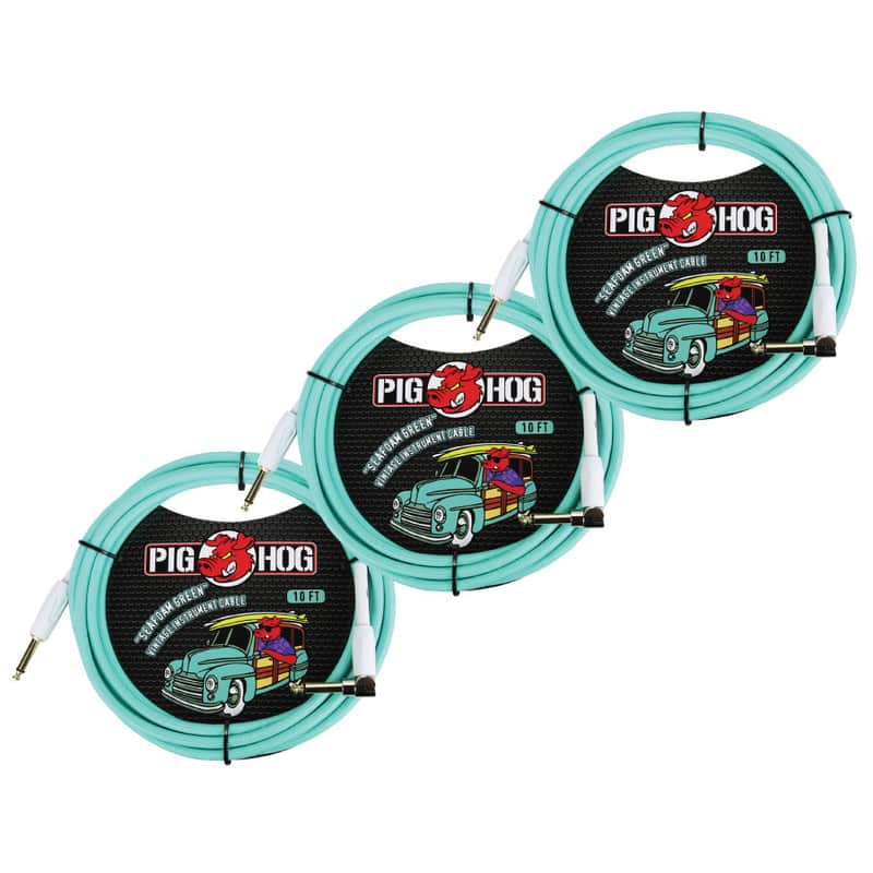 3 Pack Pig Hog PCH10SGR 1/4" Straight 1/4" Right-Angle Seafoam Green Instrument Cable - NEW image 1
