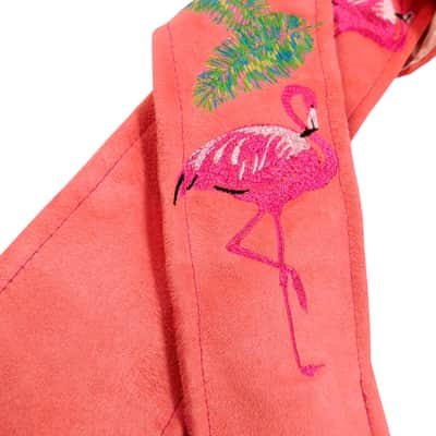 Embroidered Flamingos Guitar Strap on Coral Ultrasuede Artisan Handmade One of a Kind image 2