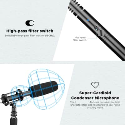 Super-Cardioid Shotgun Condenser Microphone with 24 48V Phantom Power for Camera Film image 3