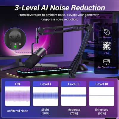 Dynamic Gaming Microphone, XLR/USB Mic Streaming, AI Noise Cancellation, Controlable RGB, Tap Mute, 3.5mm Headphone Jack, Volume Control, Microfono with Boom Arm, Black image 4