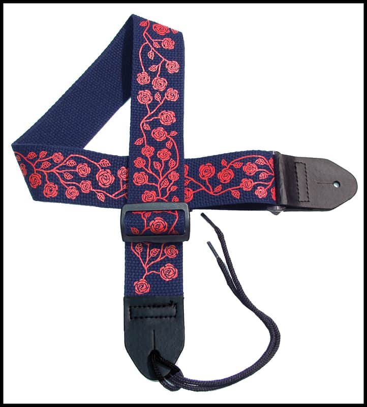Girls Guitar Strap 2" Cotton Guitar Strap with Red Roses on a Navy Strap image 1