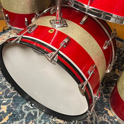 1968 Ludwig Red / Silver Sparkle Tri-Band Drum Set w/ Matching Canister Throne 22/13/13/16 image 3