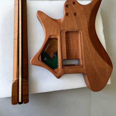 Vibrato system 24frets Handmade Custom Headless Guitar Body Neck Kit, Full Solid Mahogany Core, In-body Poured Marbled Blue Epoxy Resin & Burl Wood Grain, 5P Roasted Flamed Maple Neck with Truss Rod, Unfinished Build Your Own Electric Guitar "T contour" image 7