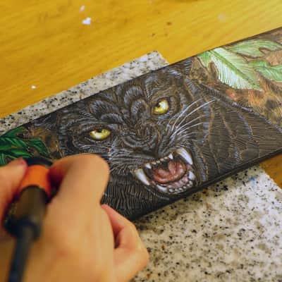Burny Black Handmade Leather Guitar Strap: Black Panther_Carved & Painted, Custom Initials 2026(made to order) - oil image 3