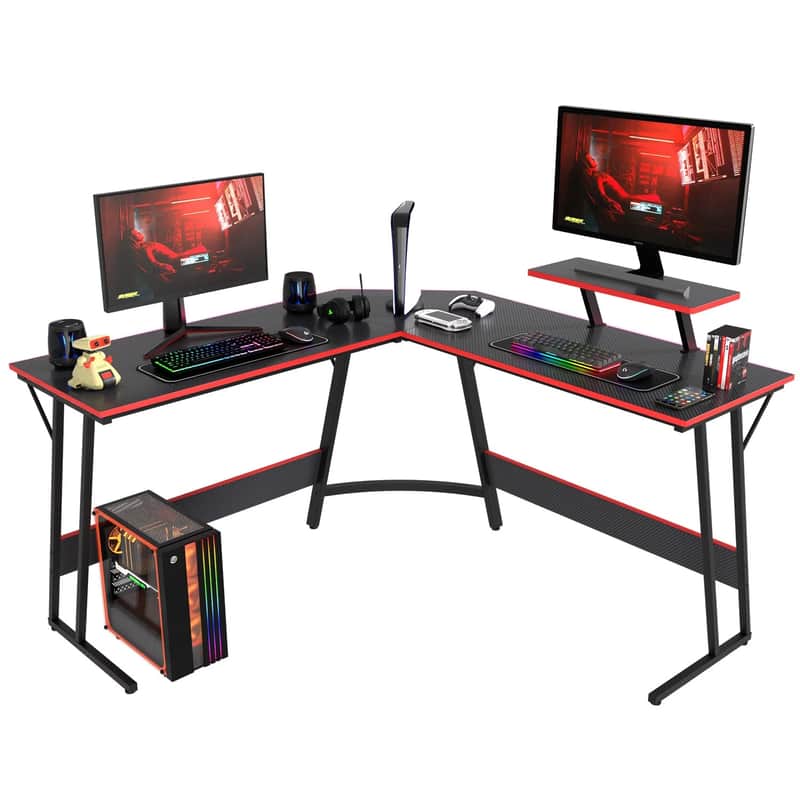 L-Shaped Music Producer Desk – Corner Computer Workstation with Raised Monitor Stand & Large Desktop image 1