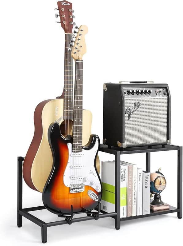 Guitar Stand, 2-Tier Guitar Stands Floor with Guitar Amp Stand, Guitar Rack for Multiple Guitars and Guitar Accessories, Adjustable Guitar Holder, Guitar Display for Music Studio Home image 1