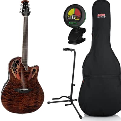 Ovation Celebrity Elite Exotic Super Shallow Acoustic-Electric Guitar, Tiger Eye w/ Gig Bag, Stand, and Tuner image 1