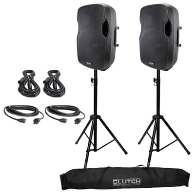 Gemini AS-2115BT 15" Powered/Active DJ PA Speaker Pair + Cables + Stands image 1