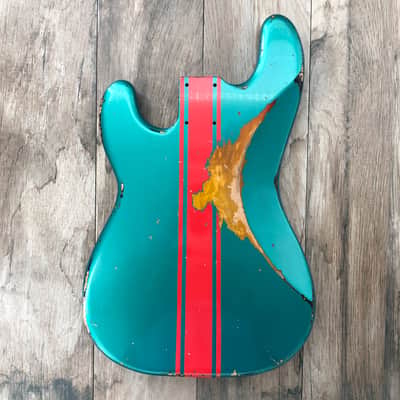 FRANCHIN Jupiter bass body Relic Aged Sherwood Green Metallic over 3-Color Sunburst with Ferrari Red racing Stripe 100% Nitro Lacquer Cracks Alder Precision-Style Made in Italy - Stock piece #23200726 image 10