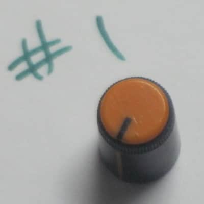 two used genuine Boss DF-2 KNOB, fits split shaft shaft (stem) mid 1980s/early 1990s - TOP: orange with black marker // SIDES: black // hard plastic (NO: pedal/other items) TOP side: some short scratches & few nicks / BLACK areas: few scratches image 7