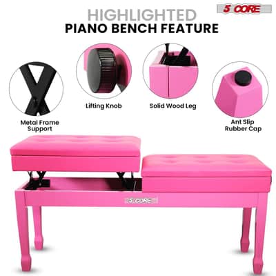 5 Core Duet Piano Bench 3.5 Inch Padded Cushioned Stool Wooden Heavy Duty Musician Chair Height Adjustable Double Keyboard Seat w Storage Nonslip Pink - PNB DT PNK-Pink image 5