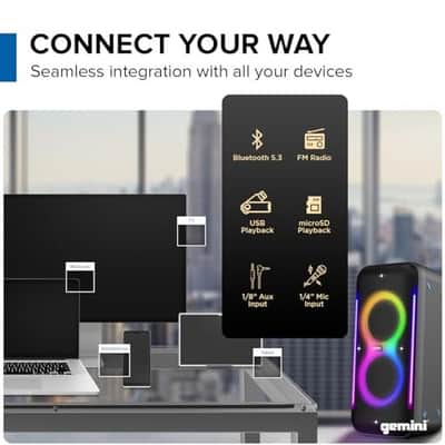Gemini Sound UltraRave Duo - 400W Peak Power, Bluetooth Party Speaker with TWS Linking, FM Radio, LED Party Lighting FX, X Drive Bass Boost, Includes Wireless Mic & Remote, 10hr Play Time image 6